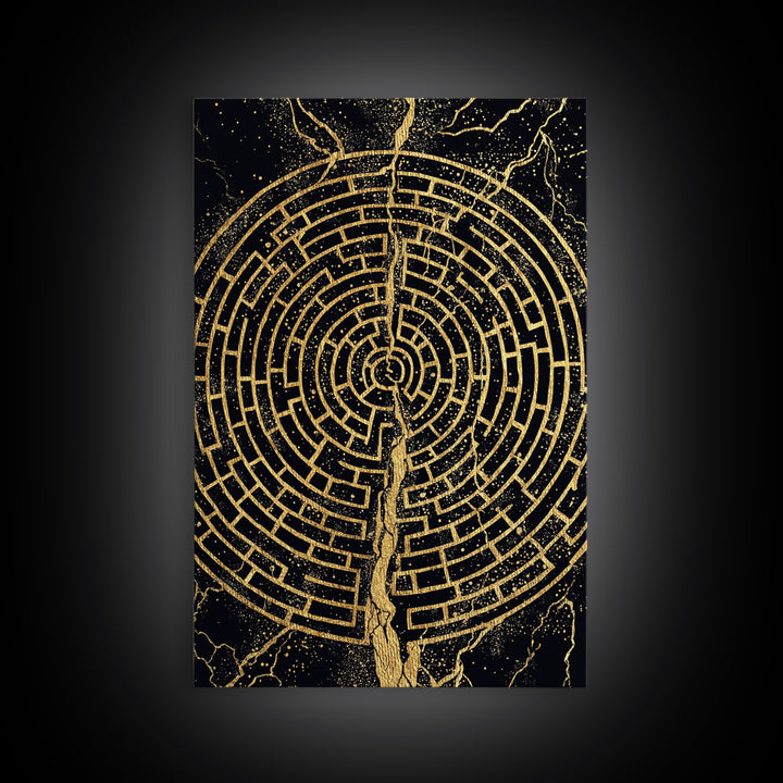 Circular Labyrinth Canvas Gold Art, Ancient Greek Maze Canvas Print, Real Wood Frame Mythology Wall Decor