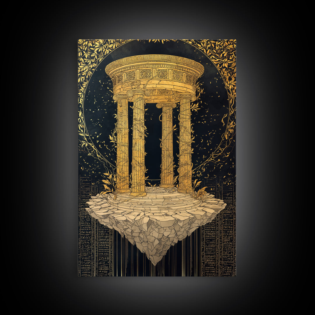 Floating Temple Canvas Gold Canvas Print, Classical Architecture Art, Real Wood Frame Ancient Greece Decor