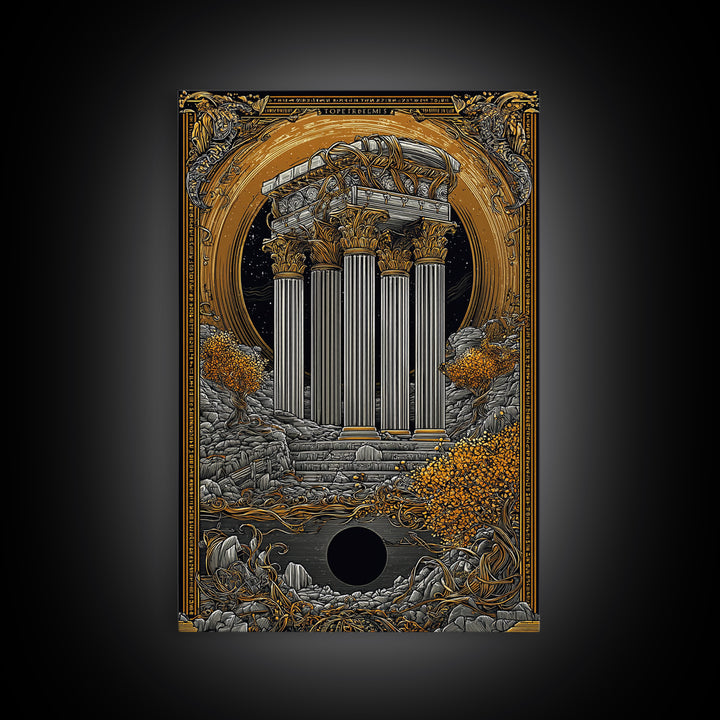 Ancient Greek Columns Canvas Gold Art, Ruins Wall Decor Canvas Print, Real Wood Frame Classical Architecture