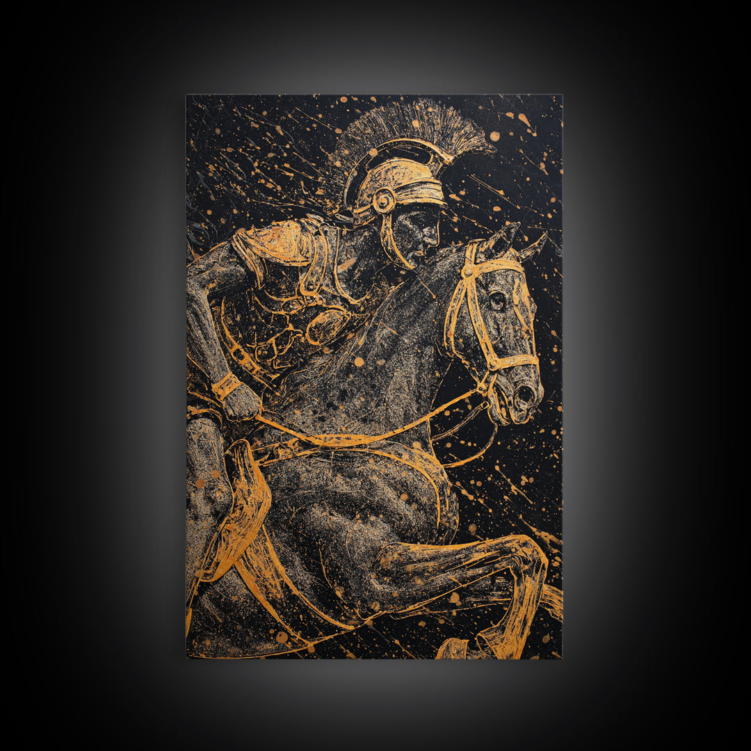 Spartan Horseback Warrior in Motion – Canvas Gold Art, Splatter Style Canvas Art, Ancient Greek Military Wall Decor
