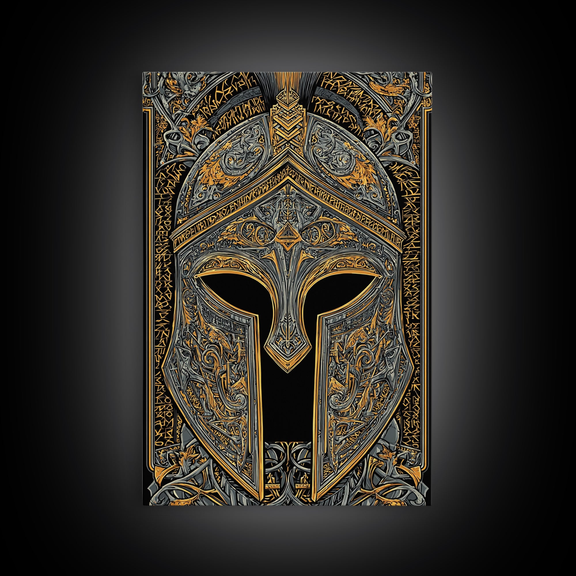 Runic-Inspired Spartan Helmet in Regal Filigree – Canvas Gold Art, Real Wood Framed Canvas Art, Ancient Warrior Wall Feature
