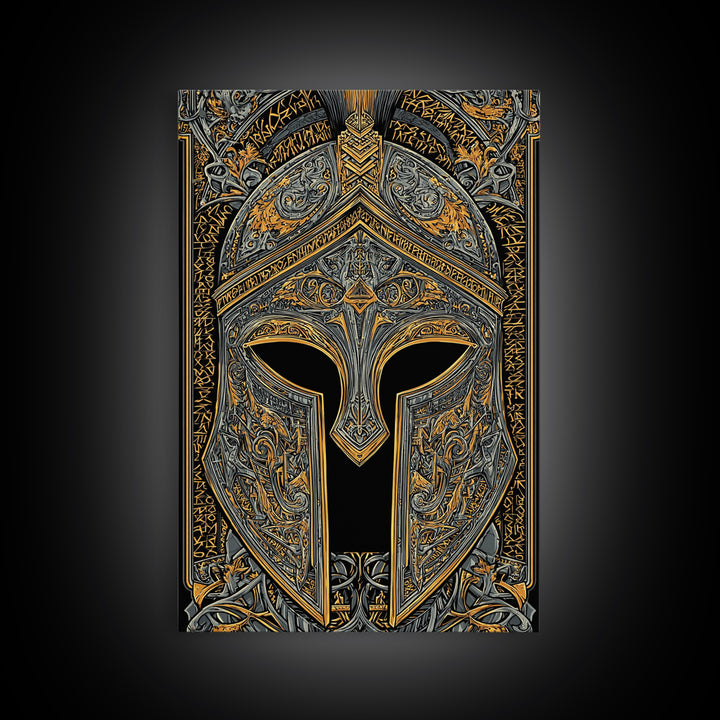 Runic-Inspired Spartan Helmet in Regal Filigree – Canvas Gold Art, Real Wood Framed Canvas Art, Ancient Warrior Wall Feature