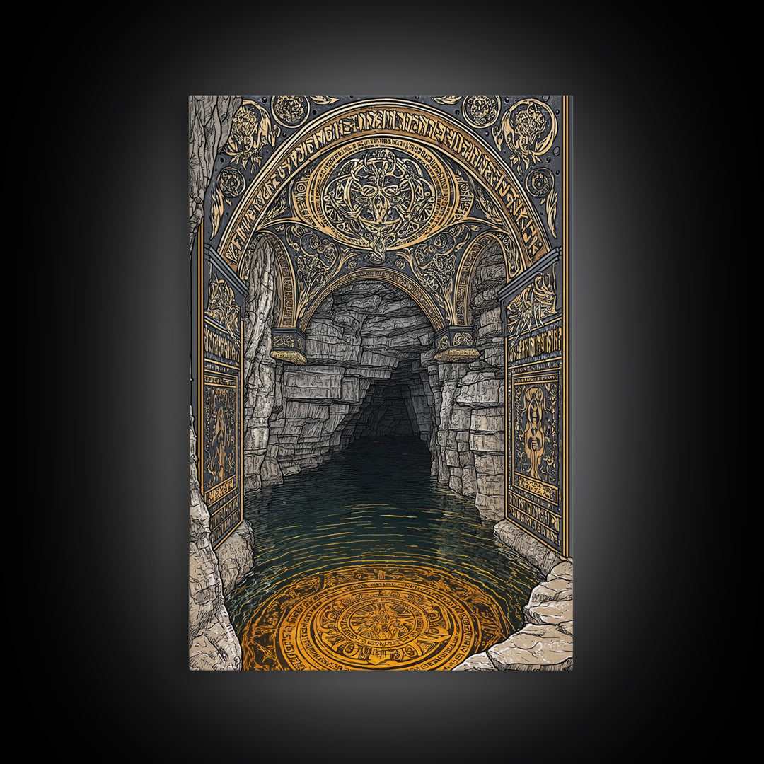 Golden Cave Entrance Canvas Gold Canvas Print, Mythology Inspired Wall Art, Real Wood Frame Ancient Greece Decor