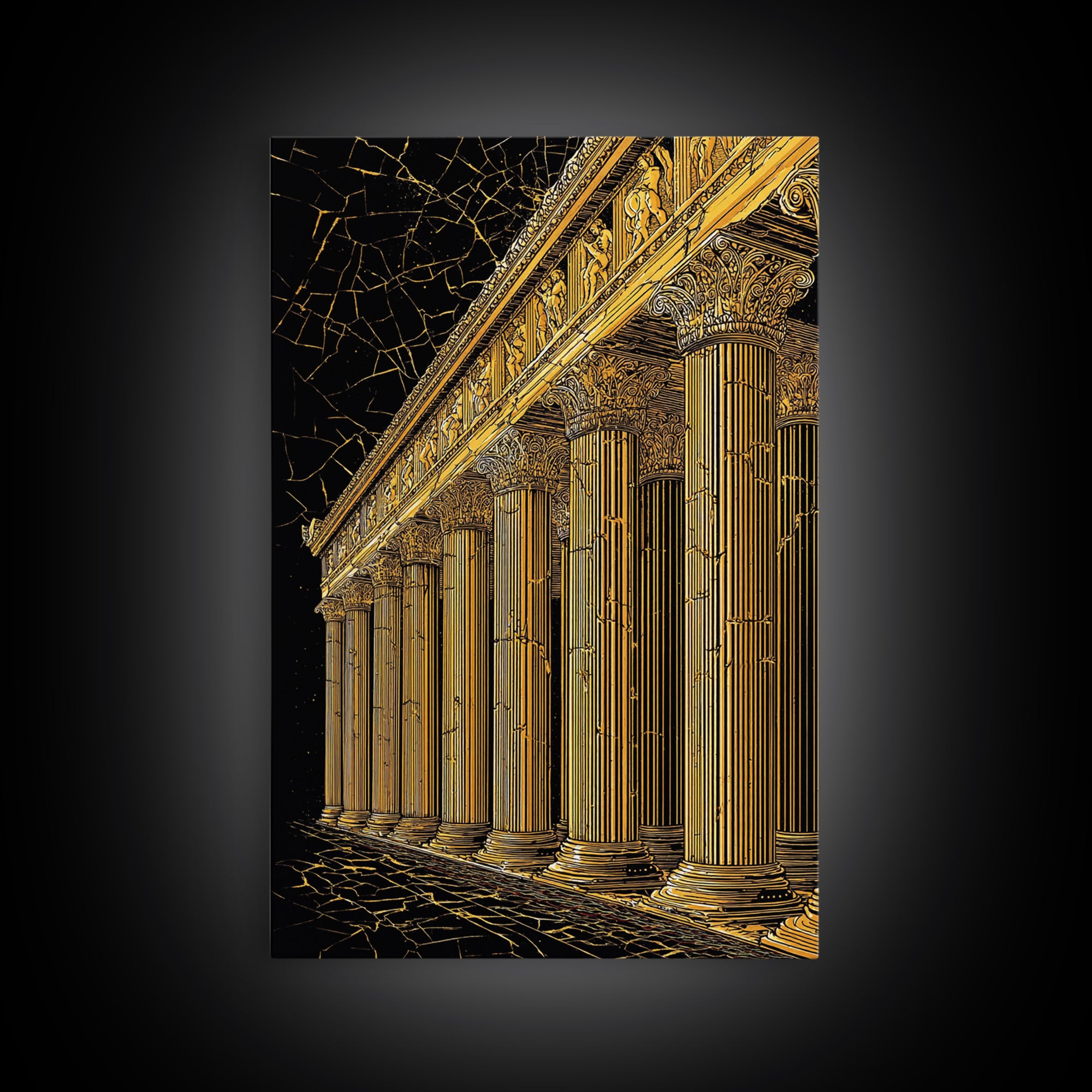 Ancient Parthenon Columns Canvas Gold Art, Classical Ruins Wall Decor, Real Wood Frame Canvas Print Decor