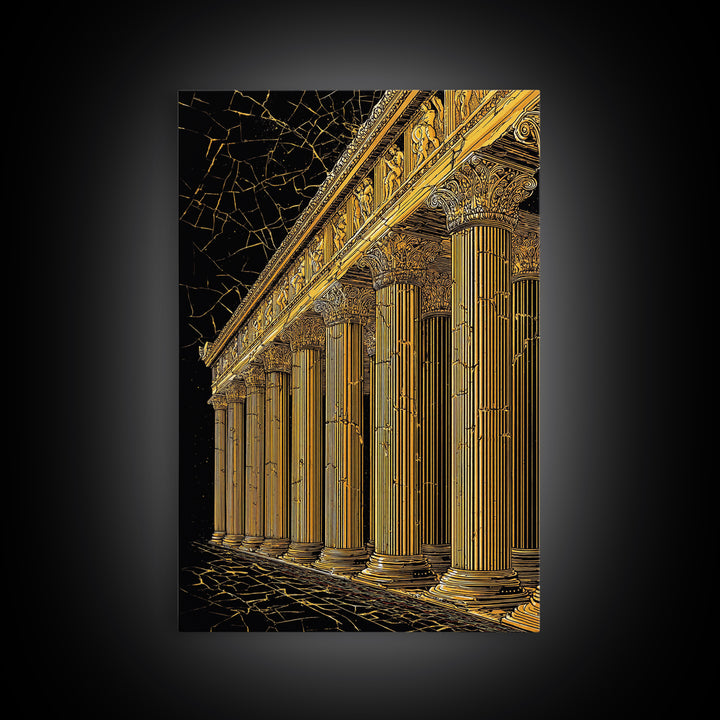 Ancient Parthenon Columns Canvas Gold Art, Classical Ruins Wall Decor, Real Wood Frame Canvas Print Decor