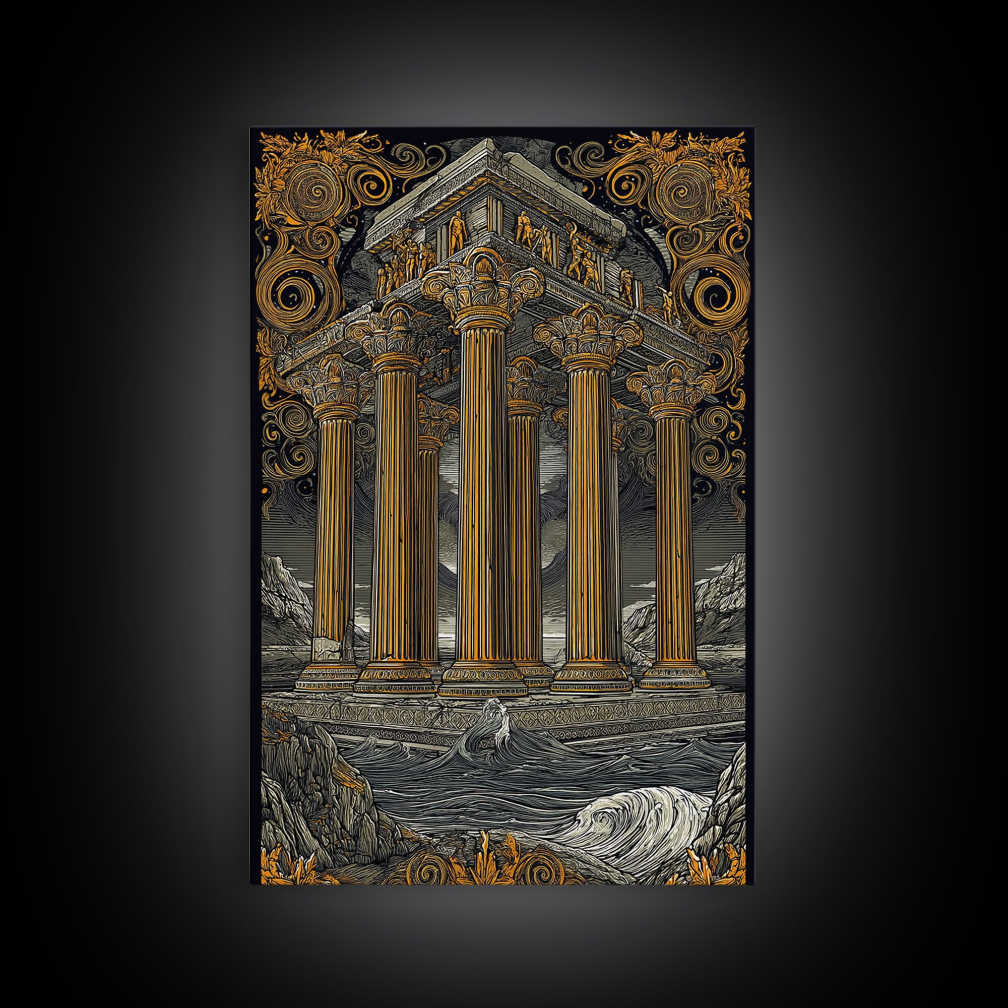 Temple Of The Gods, Mythological Architecture, Canvas Gold Canvas Print, Real Wood Frame Wall Art