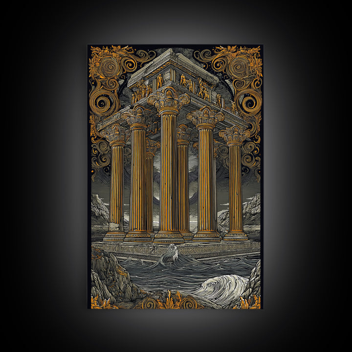 Temple Of The Gods, Mythological Architecture, Canvas Gold Canvas Print, Real Wood Frame Wall Art