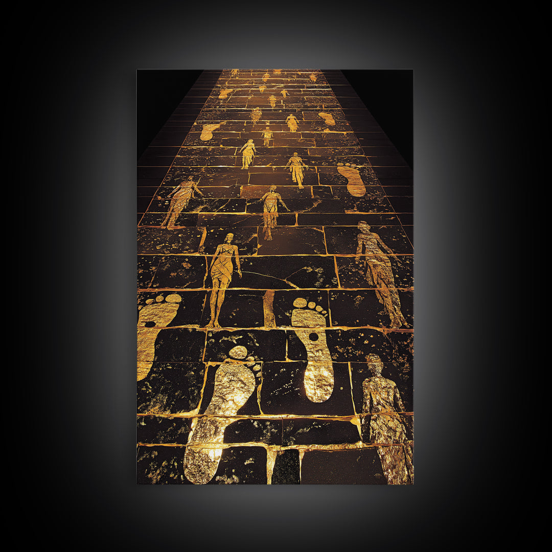 Golden Pathway Of Eternity, Mythic Footsteps, Canvas Gold Canvas Print, Real Wood Frame Wall Art