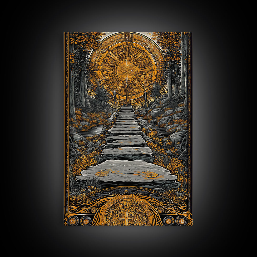 Celestial Gate, Mystical Sun Mandala, Path Of Light, Canvas Gold Canvas Print, Real Wood Frame Wall Art