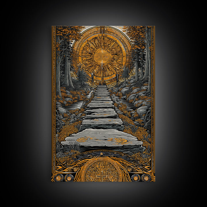Celestial Gate, Mystical Sun Mandala, Path Of Light, Canvas Gold Canvas Print, Real Wood Frame Wall Art