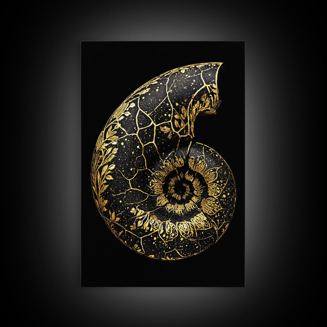 Golden Nautilus Fossil, Nature Inspired Abstract, Canvas Gold Canvas Print, Real Wood Frame Wall Art