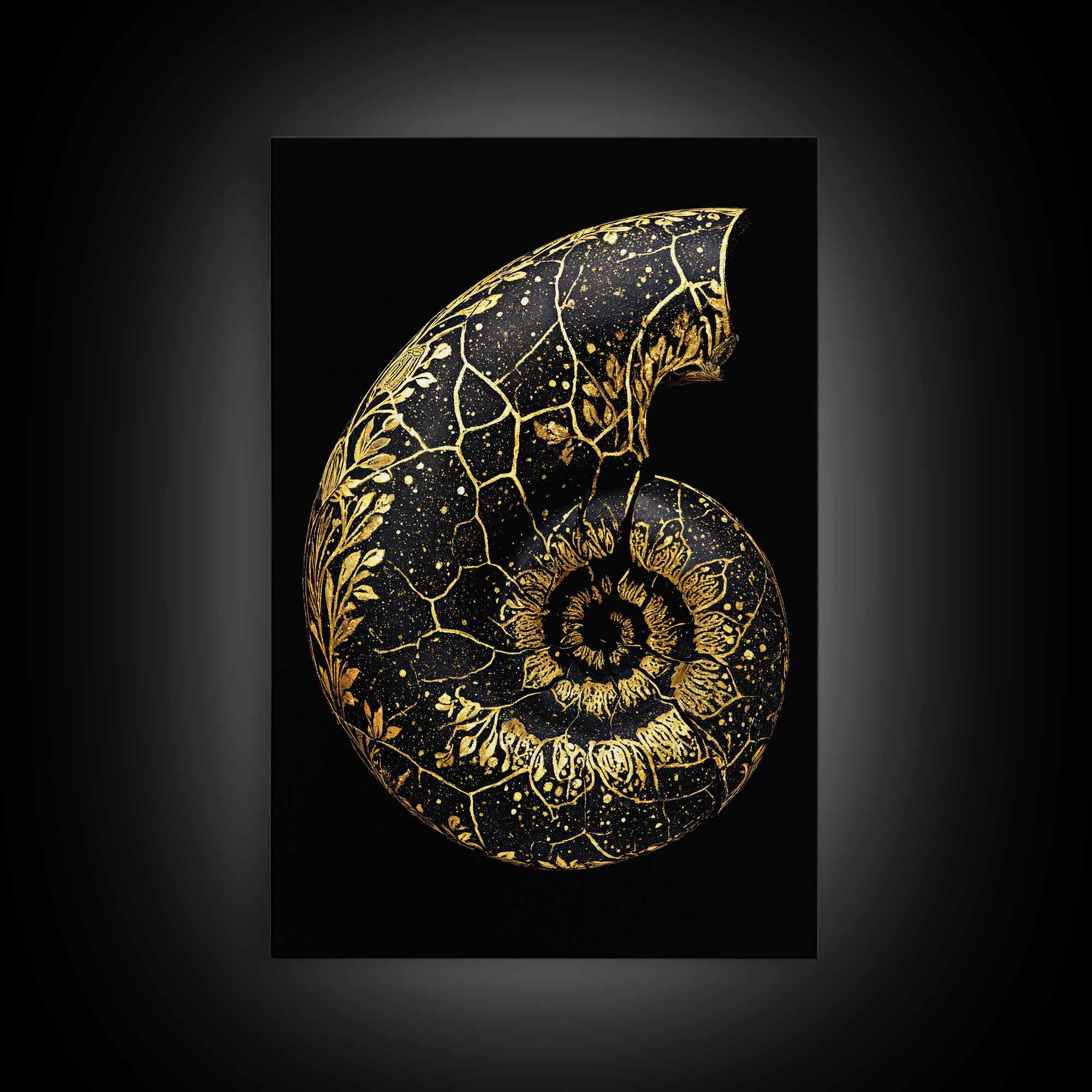 Golden Nautilus Fossil, Nature Inspired Abstract, Canvas Gold Canvas Print, Real Wood Frame Wall Art