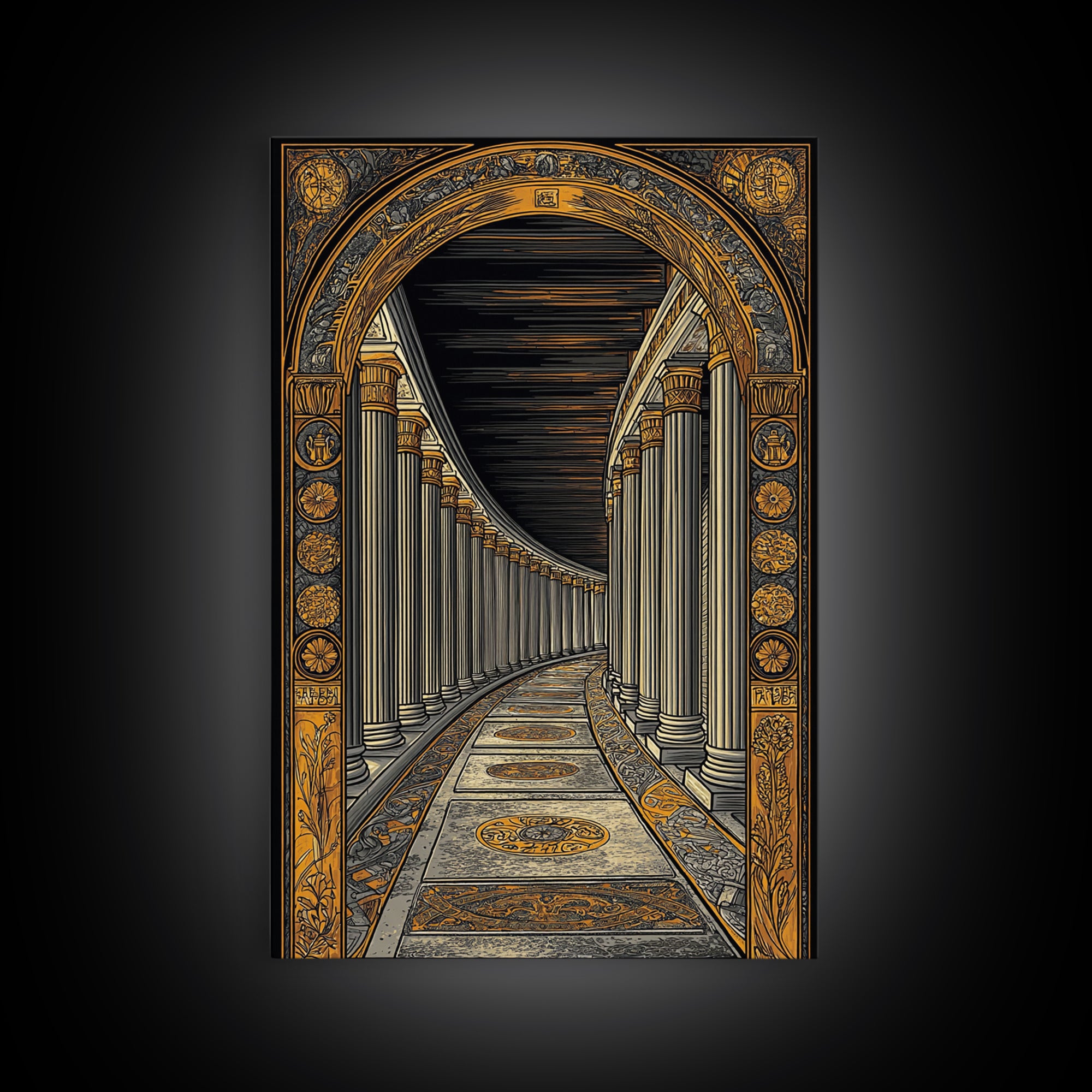 Endless Colonnade, Ancient Architecture Corridor, Canvas Gold Canvas Print, Real Wood Frame Wall Art