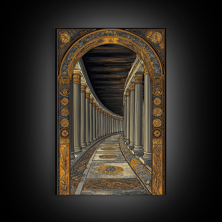 Endless Colonnade, Ancient Architecture Corridor, Canvas Gold Canvas Print, Real Wood Frame Wall Art