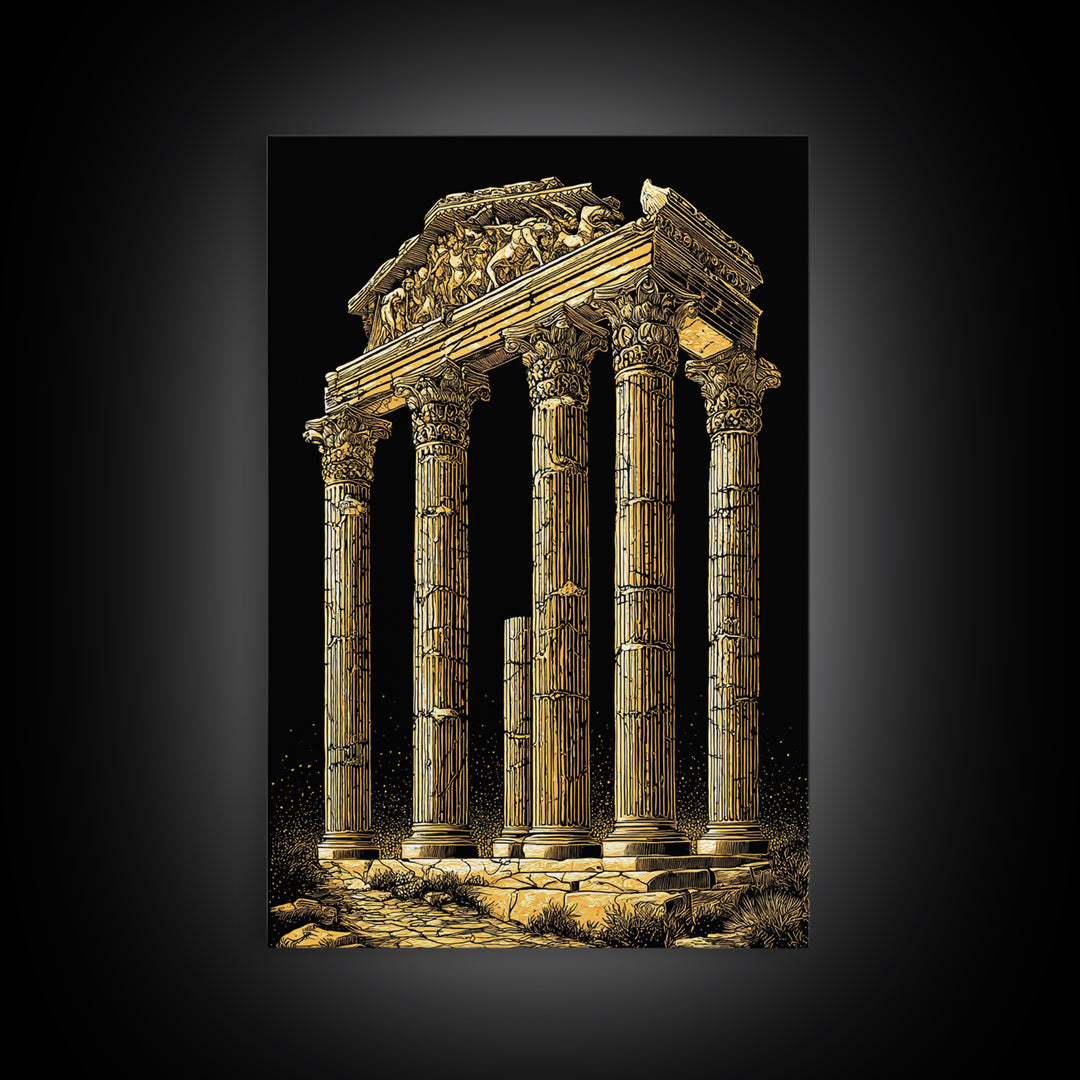 Greek Temple Ruins, Timeless Classical Columns, Canvas Gold Canvas Print, Real Wood Frame Wall Art