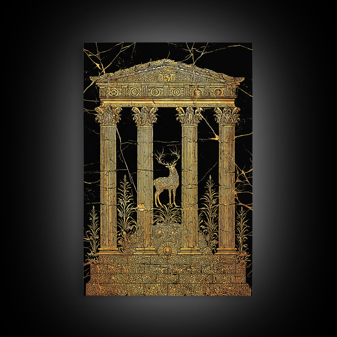Stag At The Temple, Mythic Nature Scene, Canvas Gold Canvas Print, Real Wood Frame Wall Art