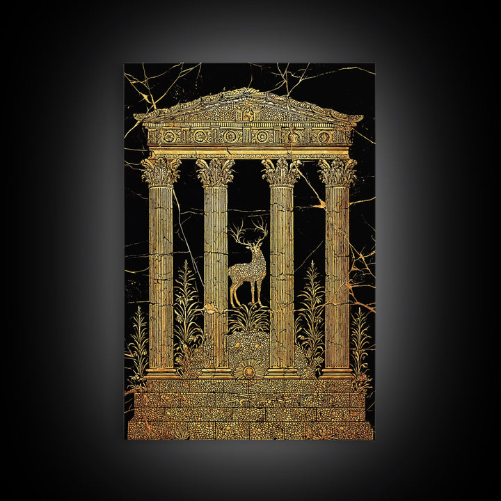 Stag At The Temple, Mythic Nature Scene, Canvas Gold Canvas Print, Real Wood Frame Wall Art