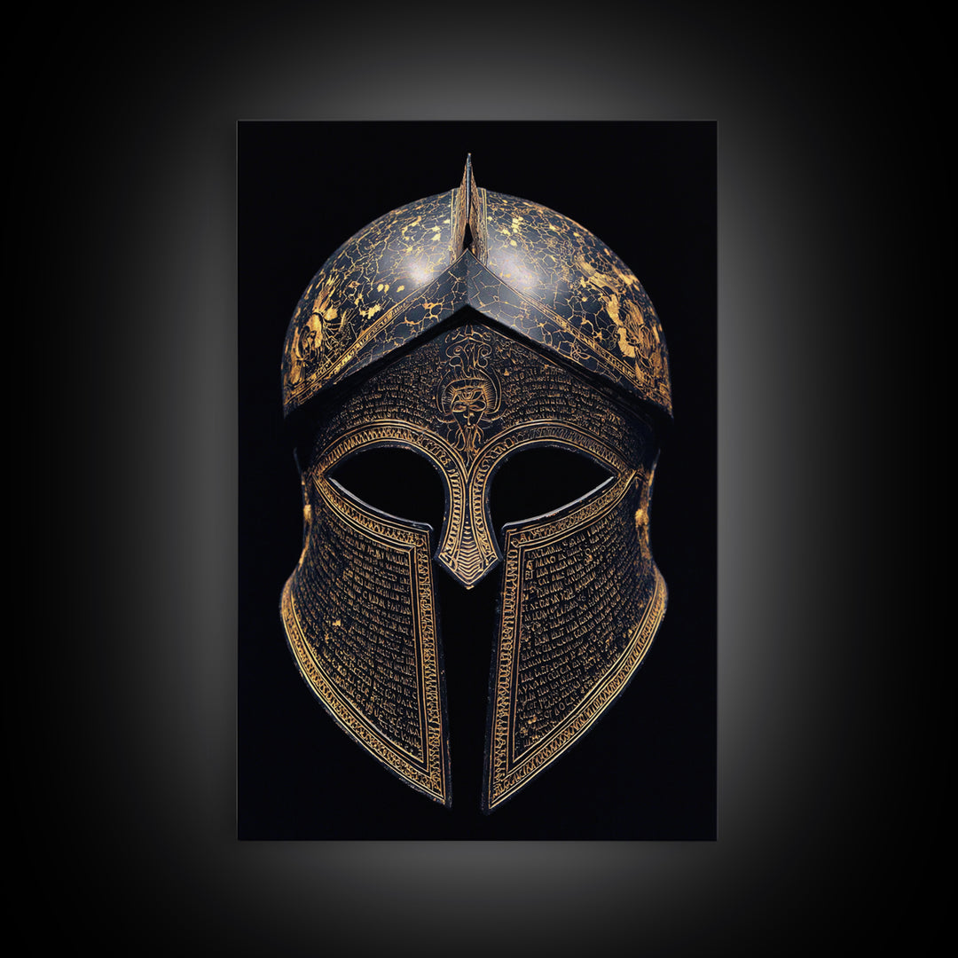Ancient Greek Helmet with Cracked Texture and Text – Canvas Gold Art, Real Wood Frame Canvas Art, Historical Spartan Wall Decor