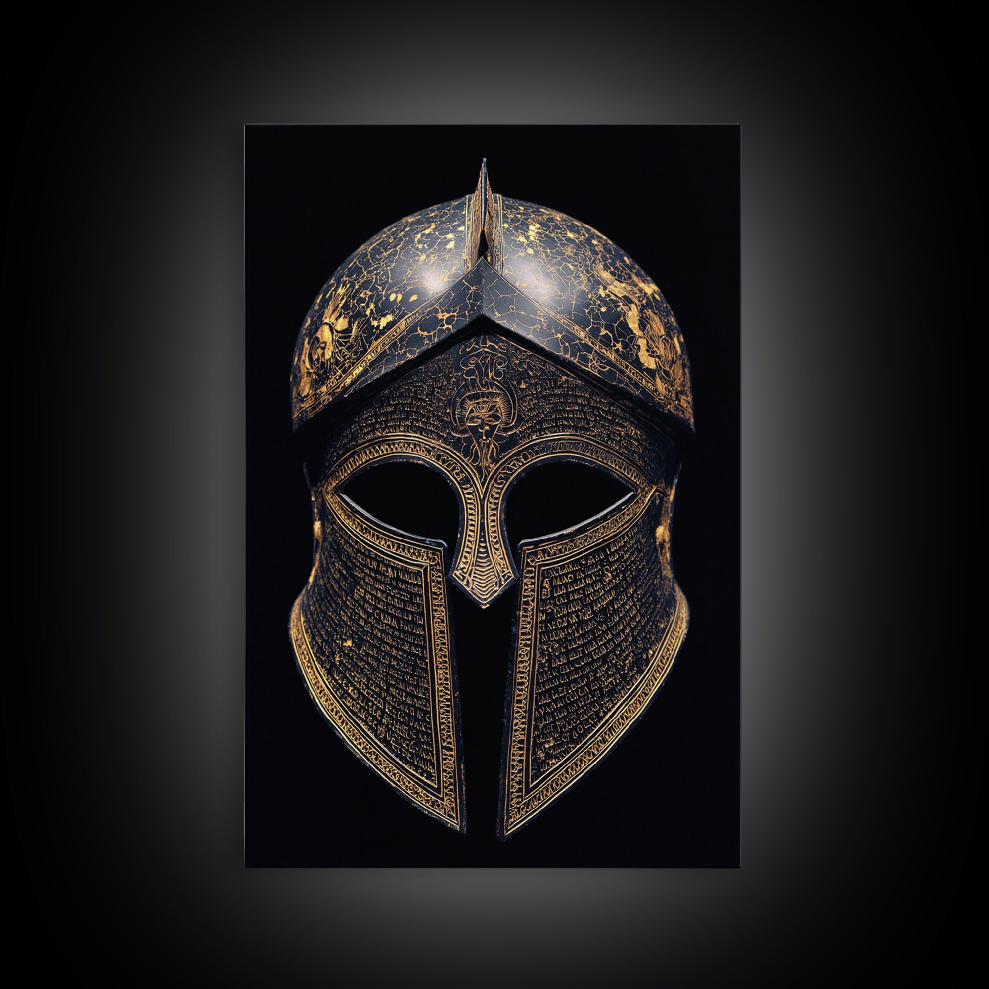 Ancient Greek Helmet with Cracked Texture and Text – Canvas Gold Art, Real Wood Frame Canvas Art, Historical Spartan Wall Decor