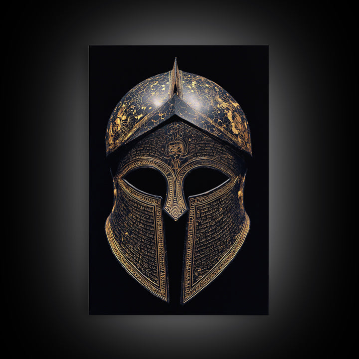 Ancient Greek Helmet with Cracked Texture and Text – Canvas Gold Art, Real Wood Frame Canvas Art, Historical Spartan Wall Decor