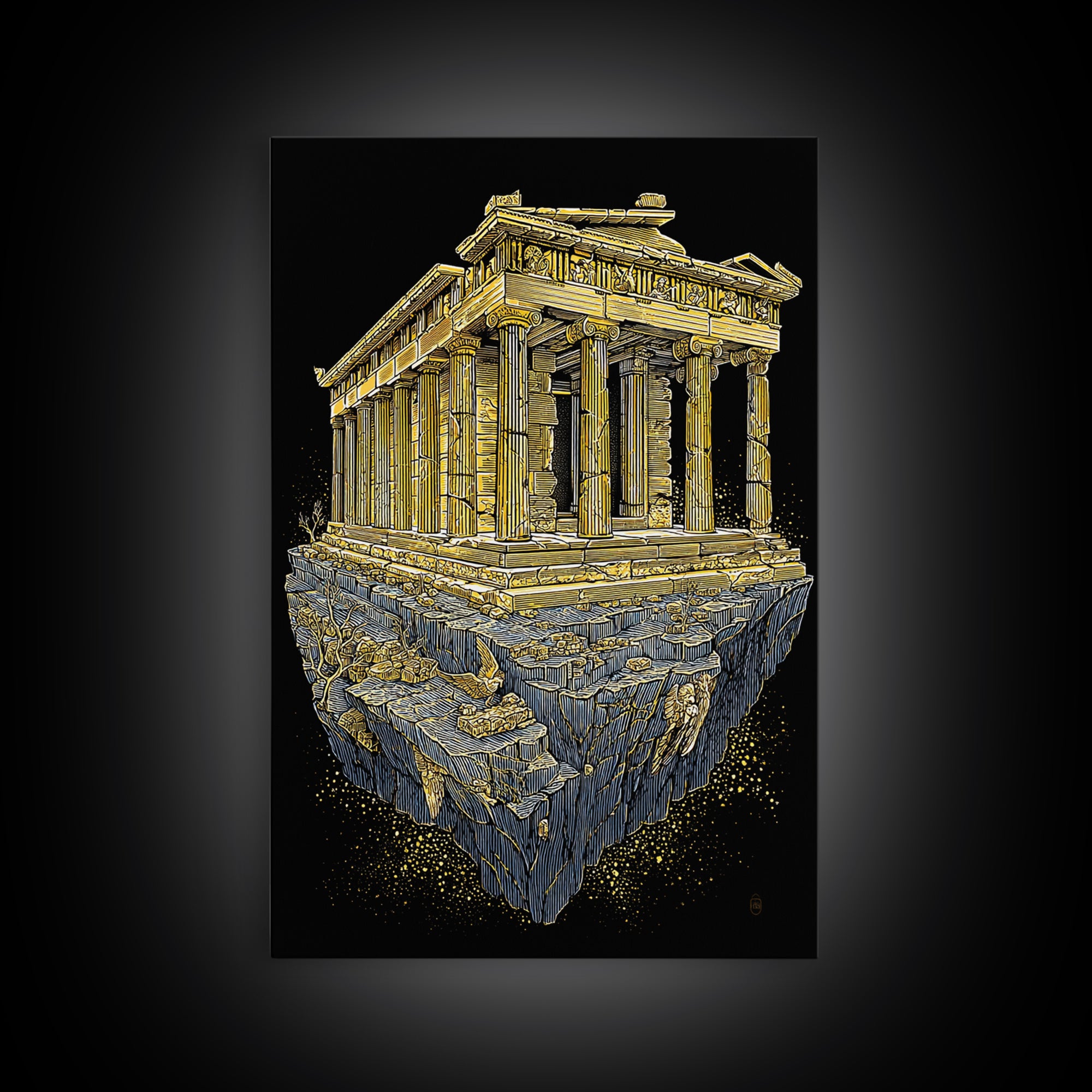Floating Ancient Temple, Surreal Greek Ruins, Canvas Gold Canvas Print, Real Wood Frame Wall Art