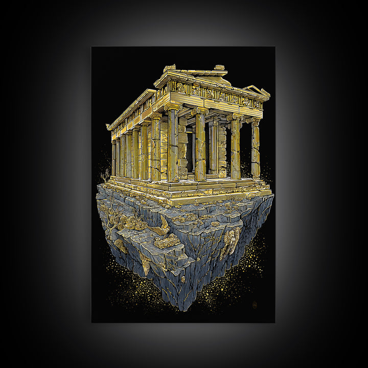 Floating Ancient Temple, Surreal Greek Ruins, Canvas Gold Canvas Print, Real Wood Frame Wall Art