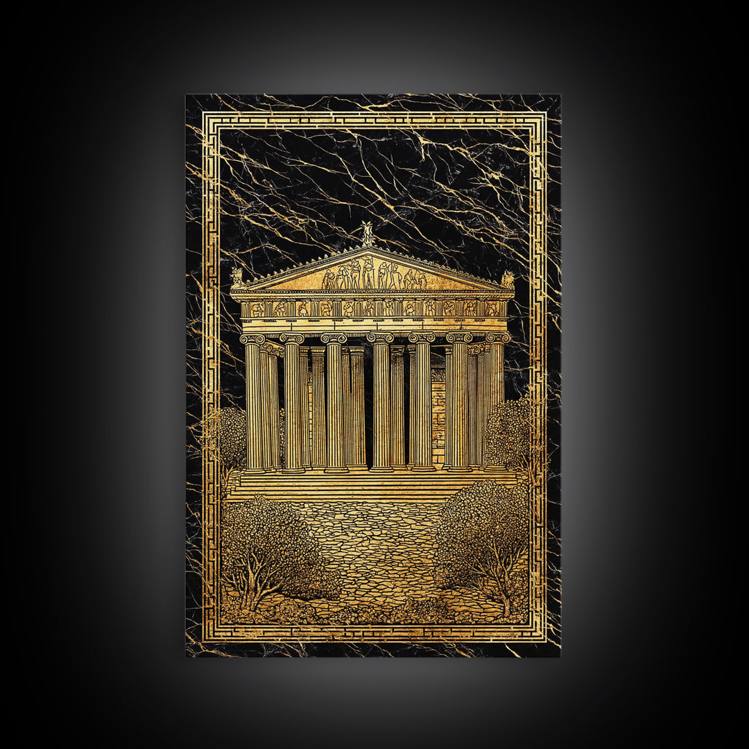 Parthenon Glory, Classical Greek Architecture, Canvas Gold Canvas Print, Real Wood Frame Wall Art