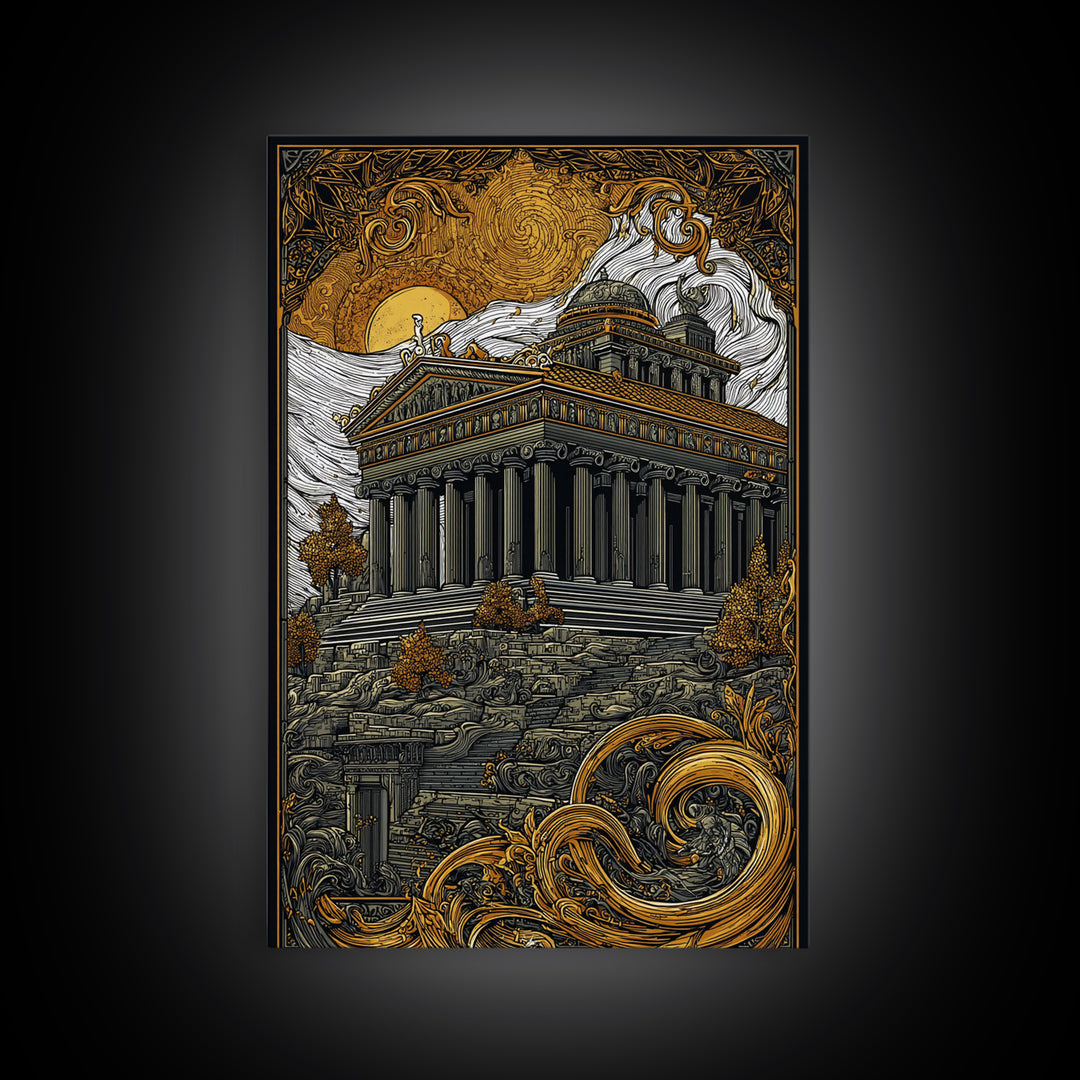 Greek Temple At Sunset, Ancient Architecture Wall Art, Canvas Gold Canvas Print, Mythology Home Decor, Wood Frame