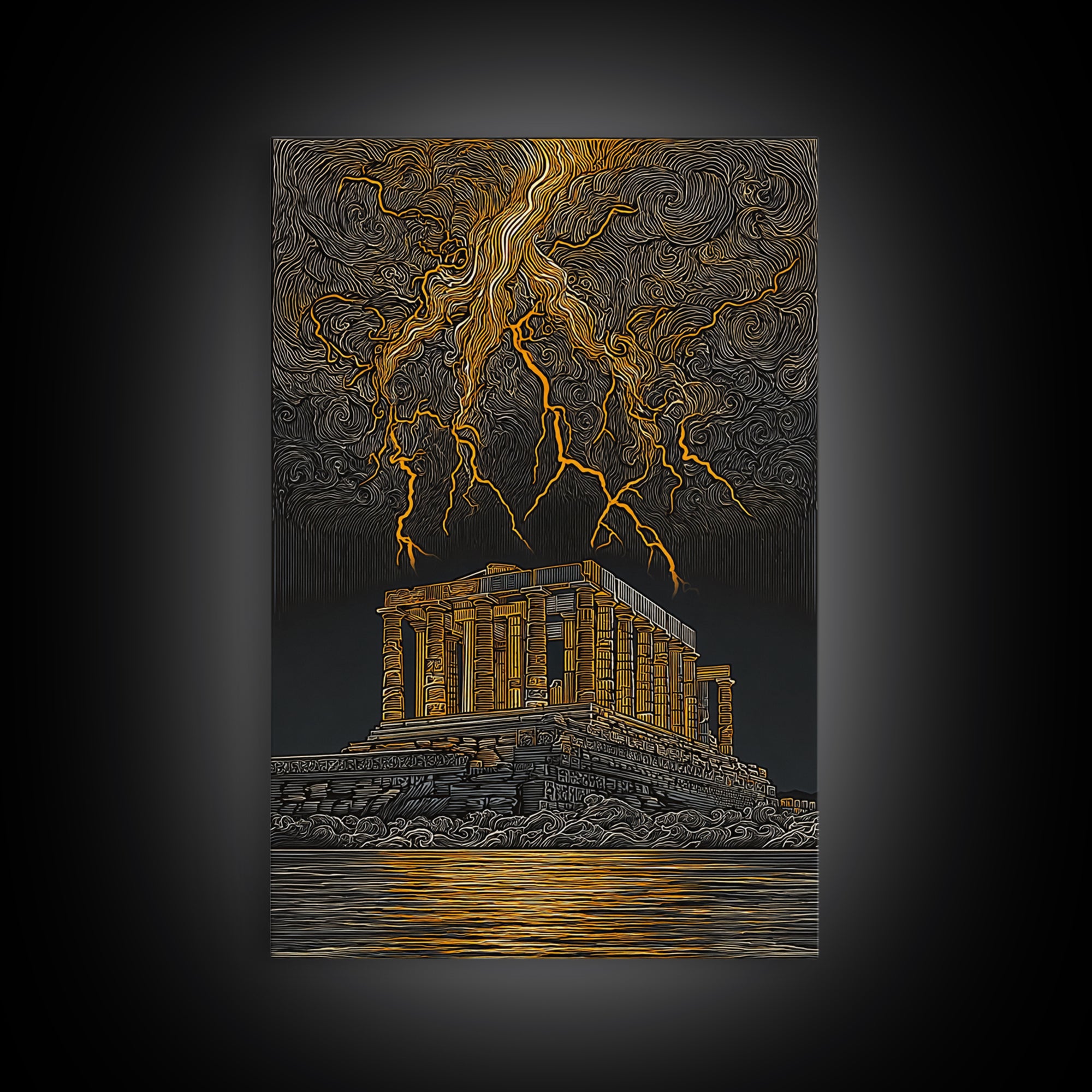 Parthenon With Lightning Storm, Dramatic Greek Myth Wall Art, Canvas Gold Canvas Print, Ancient Decor, Wood Frame