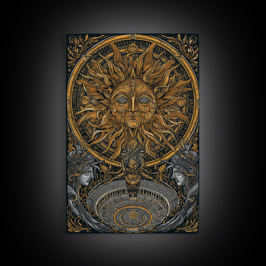 Sun God Face With Theater, Greek Mythology Wall Art, Canvas Gold Art, Dramatic Canvas Print, Celestial Decor, Wood Frame