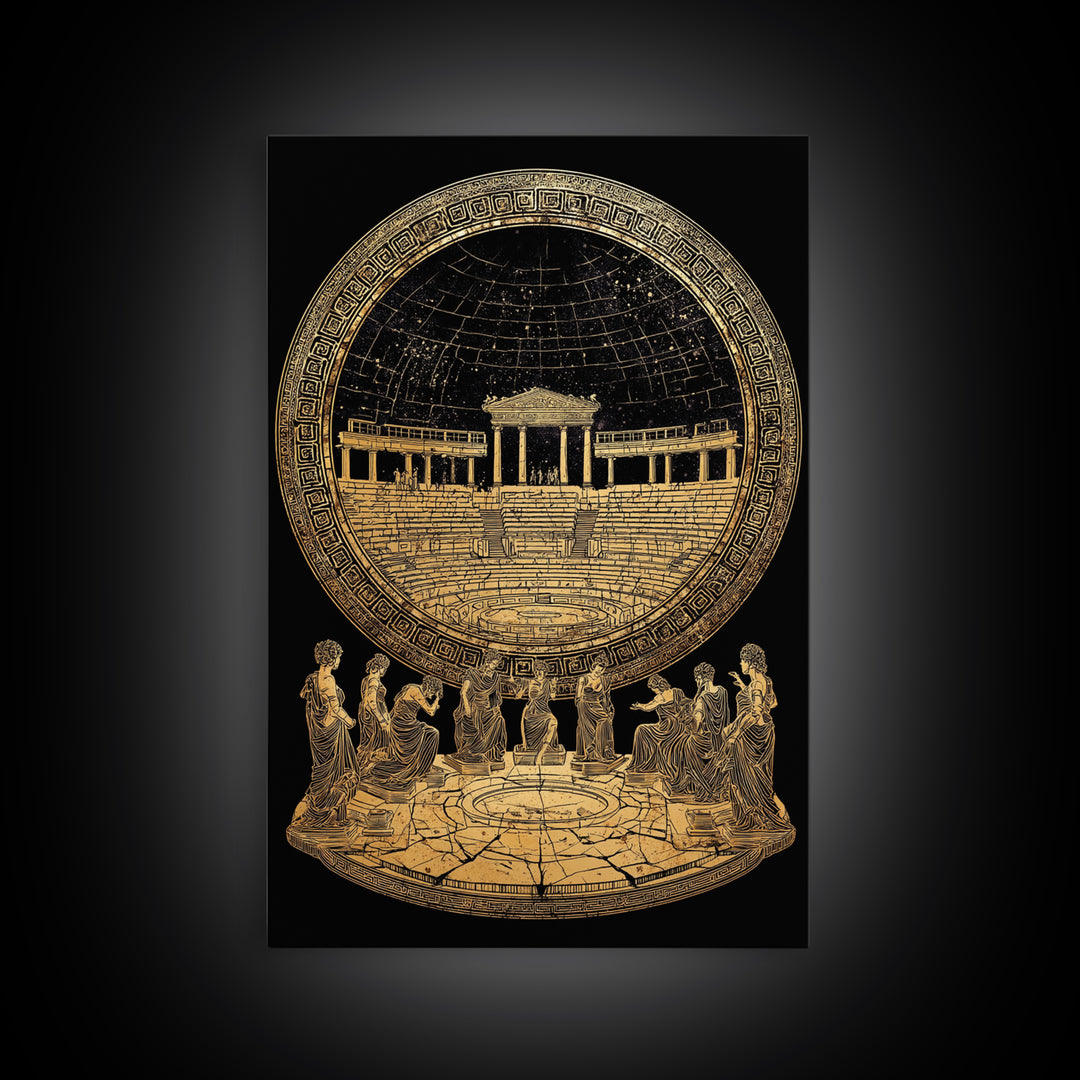 Greek Amphitheater With Muses, Ancient Mythology Wall Decor, Canvas Gold Canvas Print, Classical Art, Wood Frame