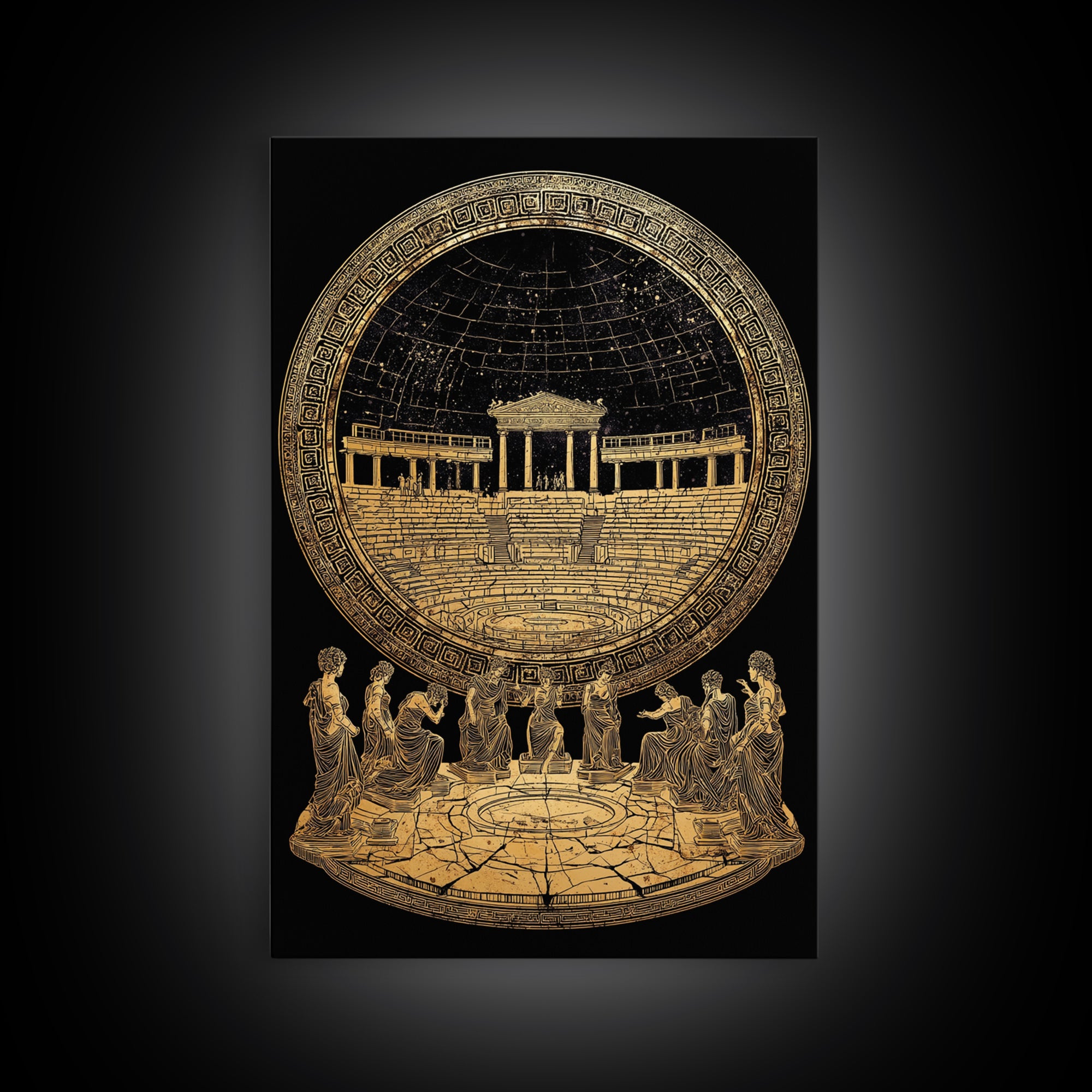 Greek Amphitheater With Muses, Ancient Mythology Wall Decor, Canvas Gold Canvas Print, Classical Art, Wood Frame