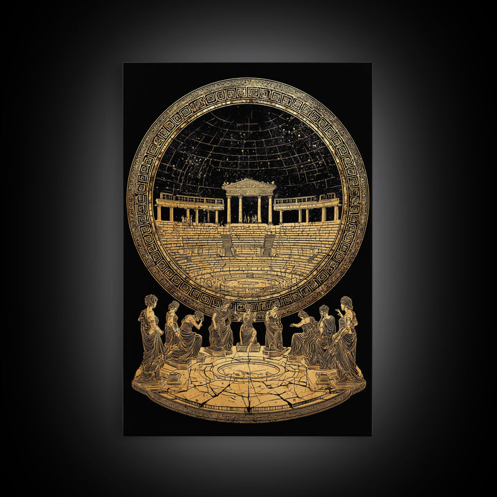 Greek Amphitheater With Muses, Ancient Mythology Wall Decor, Canvas Gold Canvas Print, Classical Art, Wood Frame