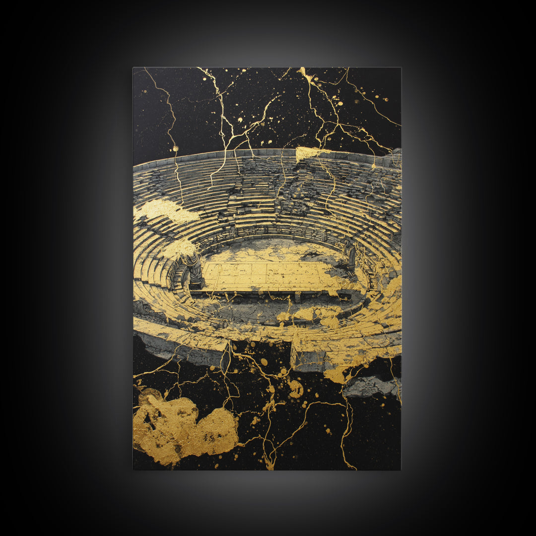 Ancient Theater Abstract, Splattered Canvas Gold Canvas Print, Greek Myth Wall Art, Dramatic Decor, Wood Frame