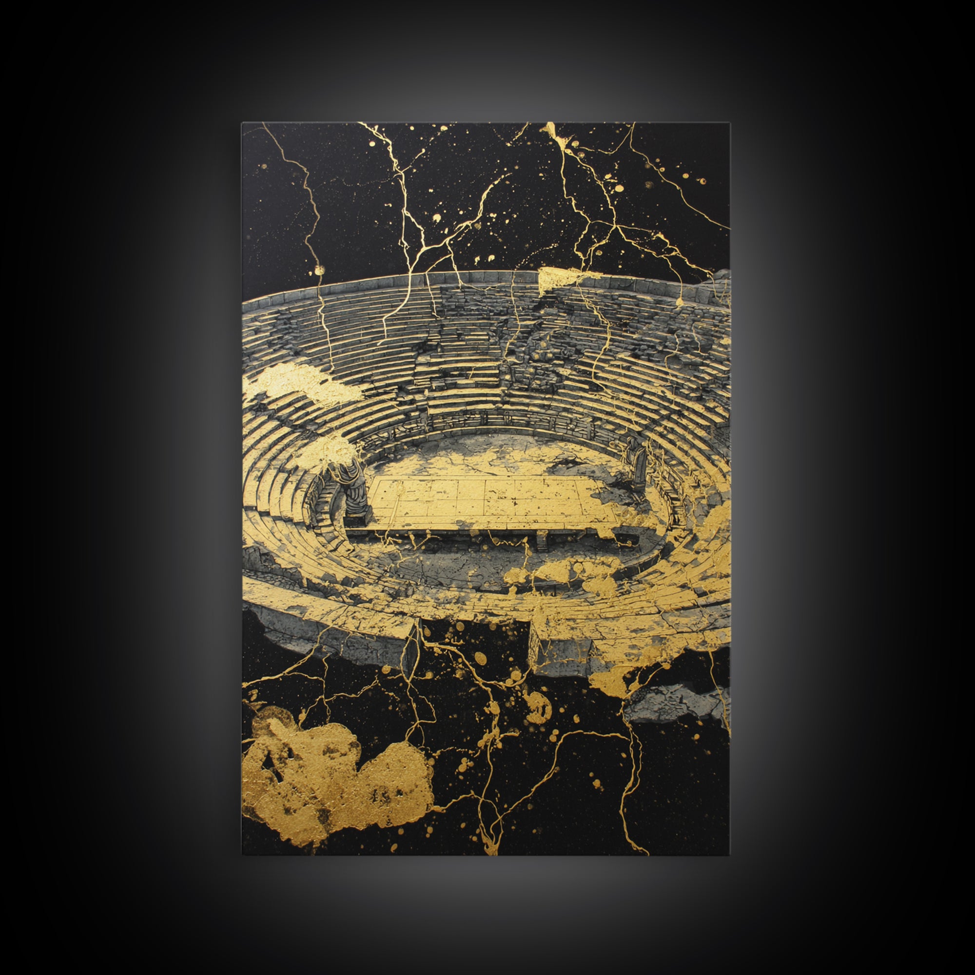 Ancient Theater Abstract, Splattered Canvas Gold Canvas Print, Greek Myth Wall Art, Dramatic Decor, Wood Frame