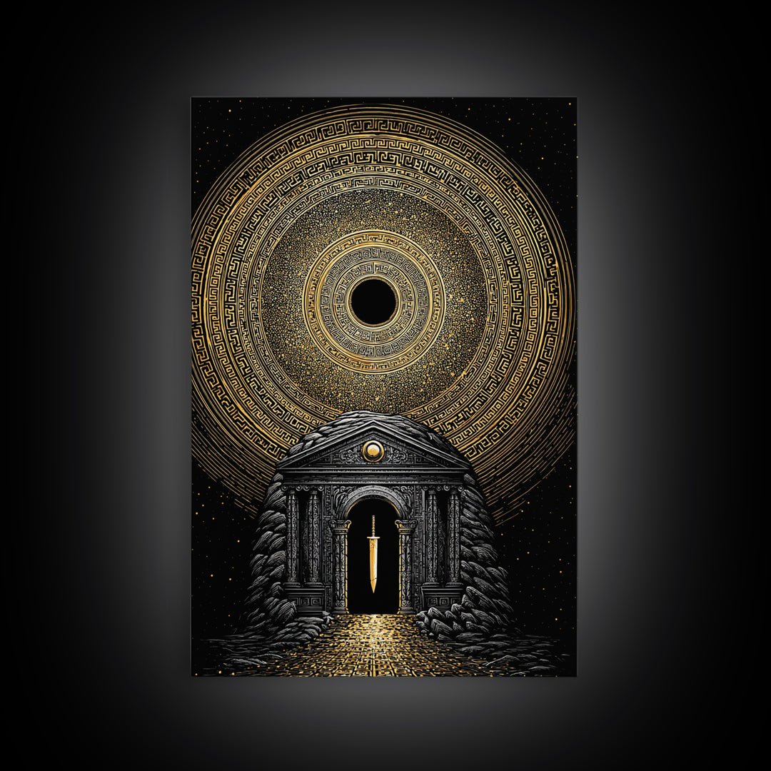 Sword Temple Cosmic Design, Mythology Wall Art, Canvas Gold Canvas Print, Fantasy Decor, Ancient Architecture, Wood Frame