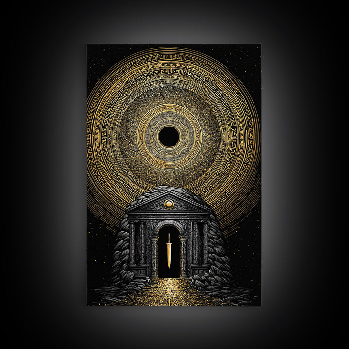 Sword Temple Cosmic Design, Mythology Wall Art, Canvas Gold Canvas Print, Fantasy Decor, Ancient Architecture, Wood Frame