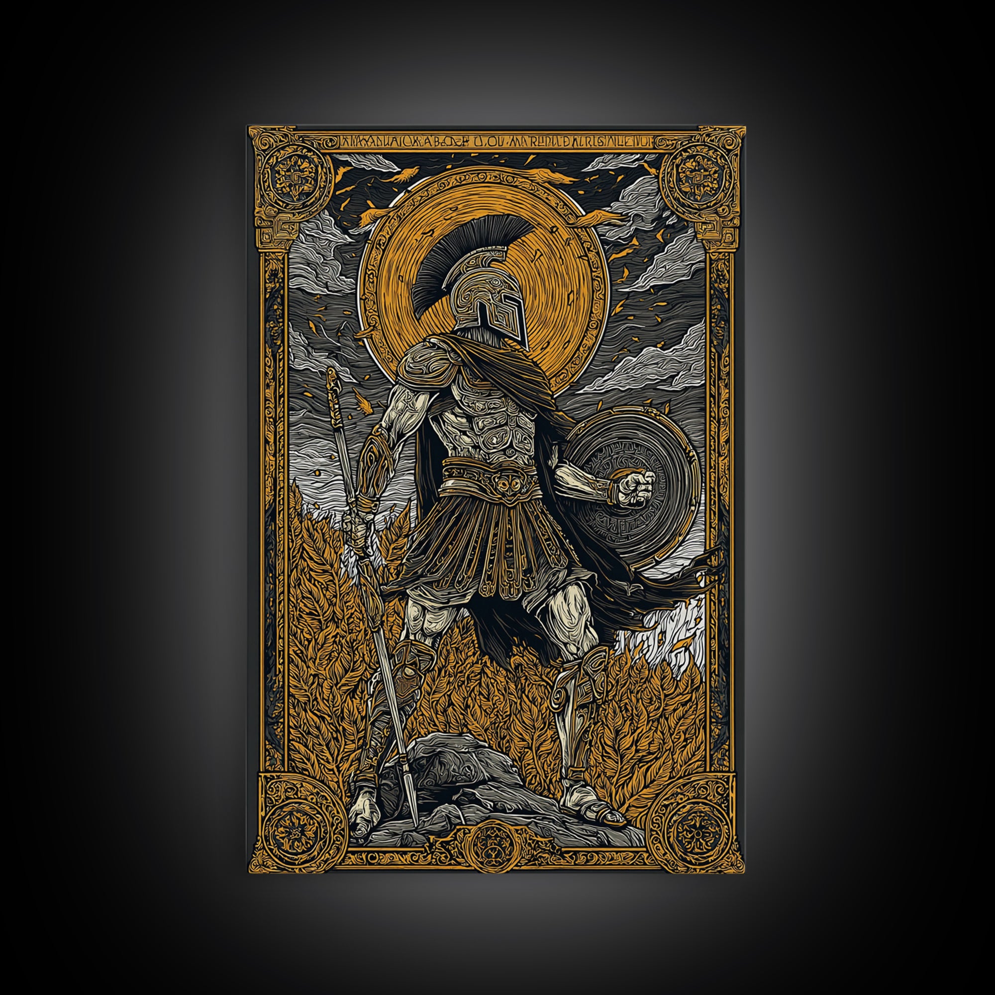 Greek Warrior With Shield, Ancient Mythology Wall Art, Canvas Gold Canvas Print, Heroic Decor, Dramatic Design, Wood Frame