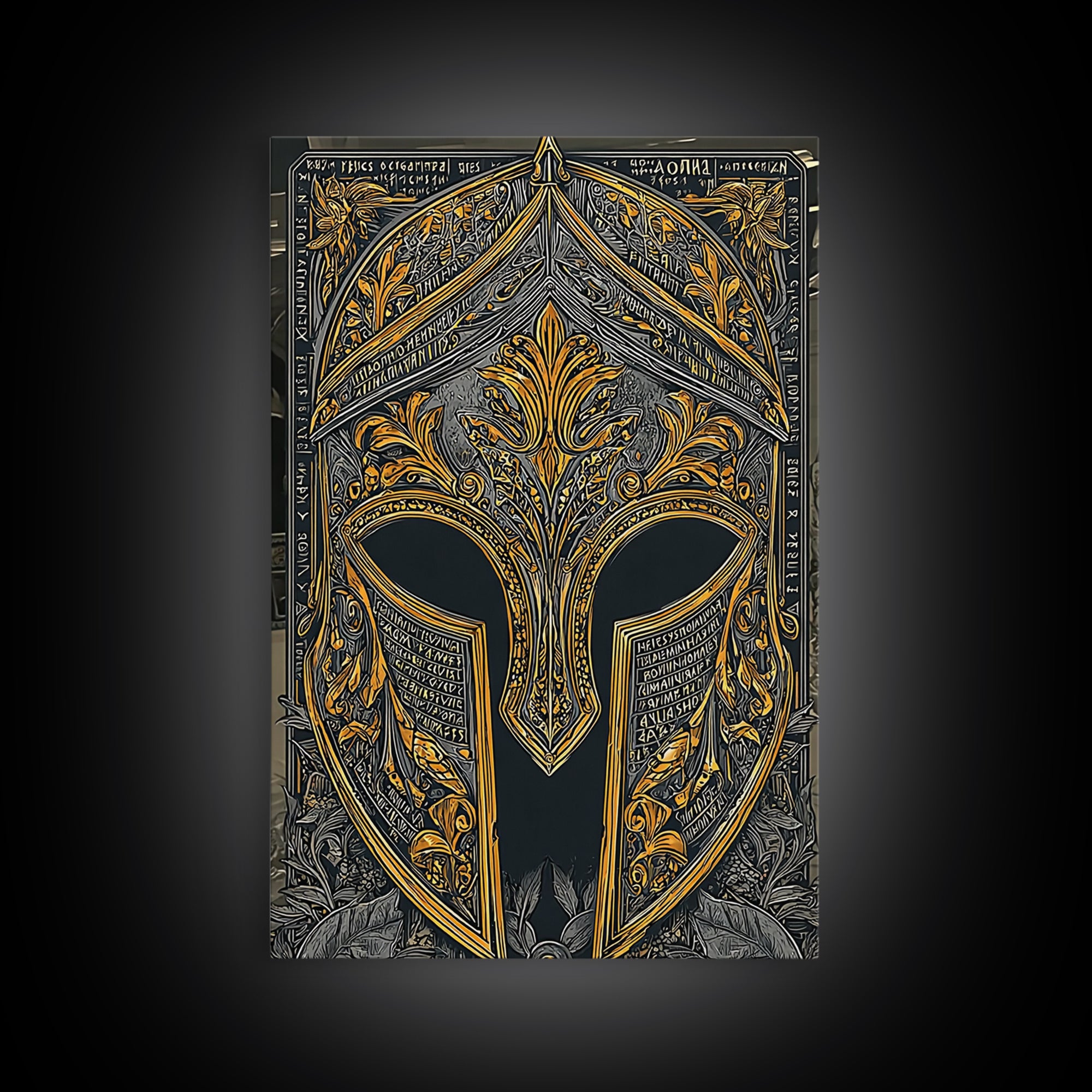 Floral Greco-Roman Helmet with Scripted Detail – Canvas Gold Art, Real Wood Framed Canvas Art, Ornate Classical Warrior Print