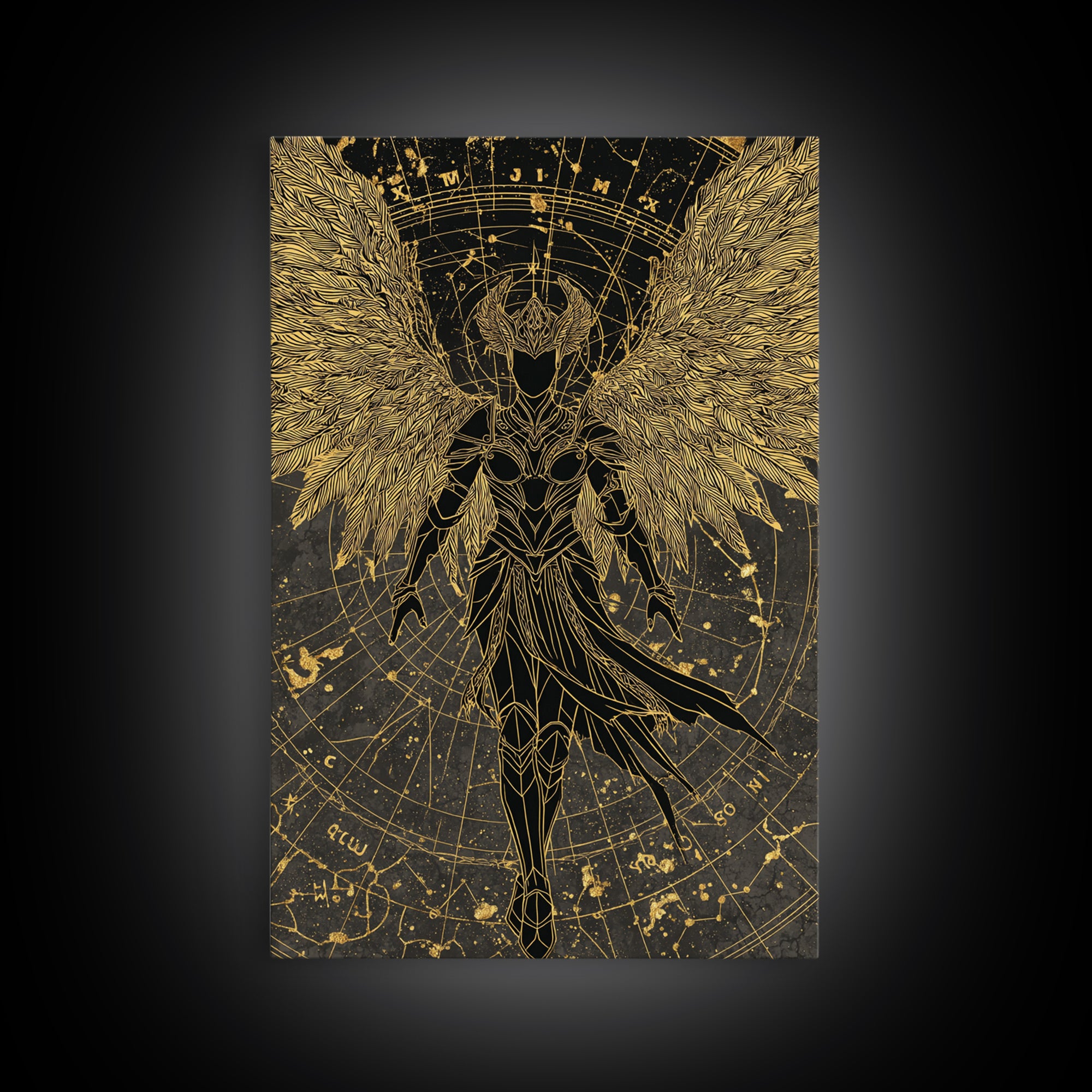 Celestial Angel Warrior, Astral Mythology Wall Art, Canvas Gold Canvas Print, Fantasy Decor, Cosmic Figure, Wood Frame