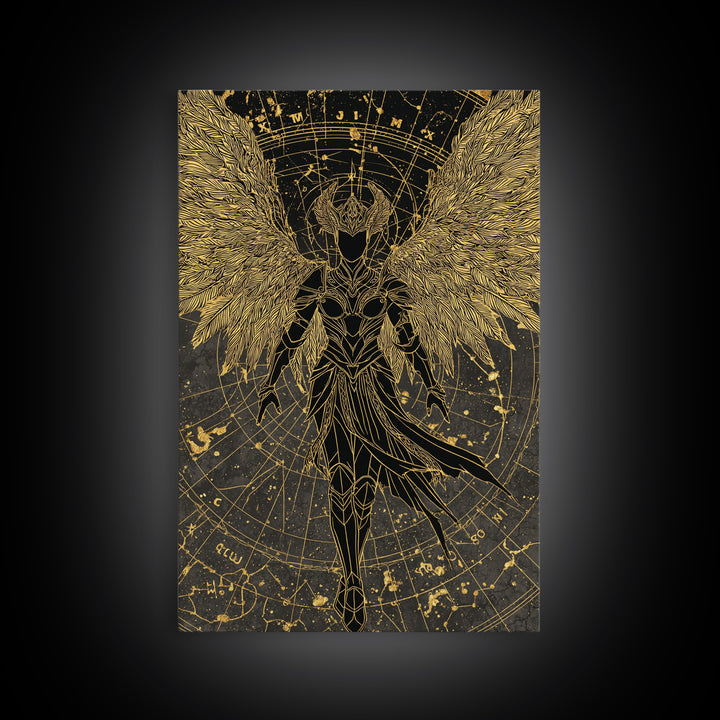 Celestial Angel Warrior, Astral Mythology Wall Art, Canvas Gold Canvas Print, Fantasy Decor, Cosmic Figure, Wood Frame