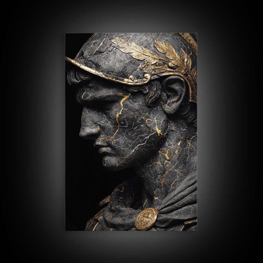 Roman Bust Statue, Classical Sculpture Wall Art, Canvas Gold Canvas Print, Ancient Decor, Regal Design, Wood Frame
