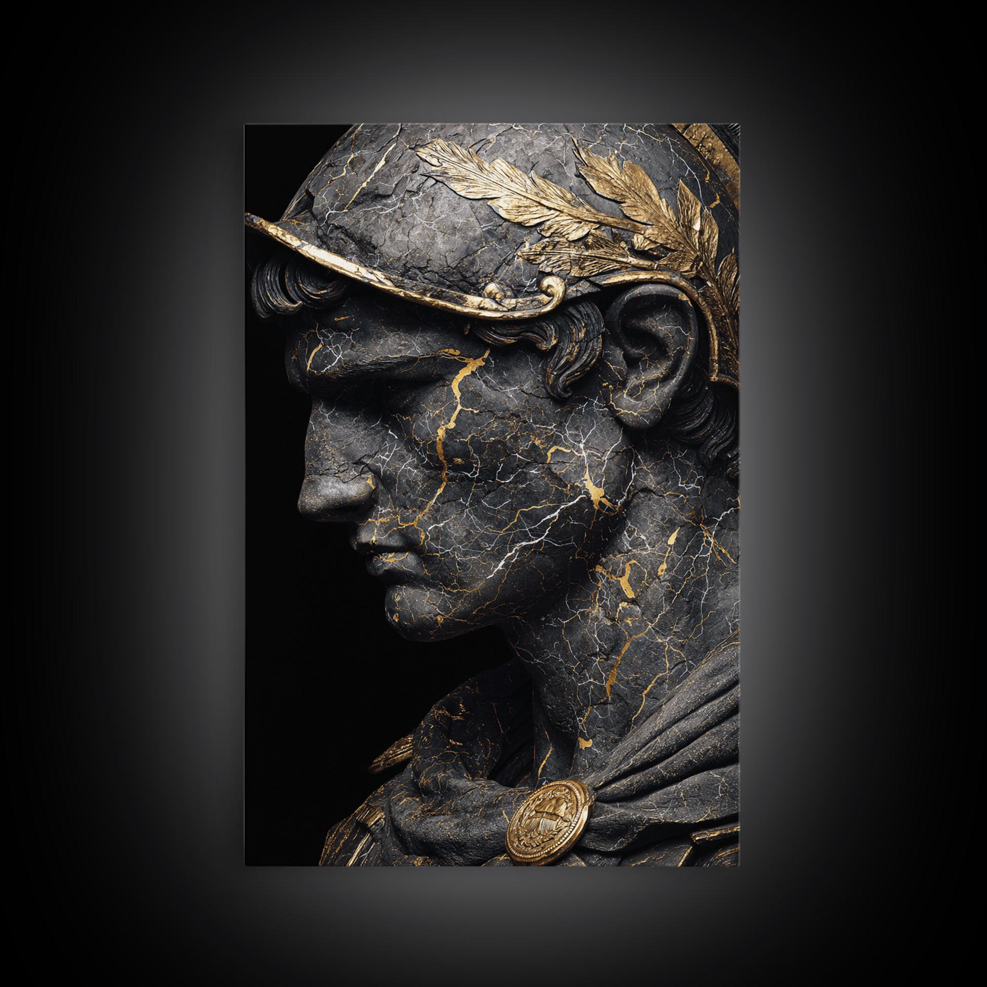 Roman Bust Statue, Classical Sculpture Wall Art, Canvas Gold Canvas Print, Ancient Decor, Regal Design, Wood Frame