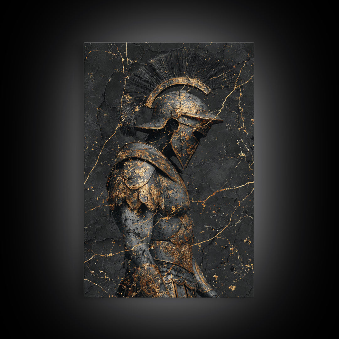 Roman Soldier Statue, Canvas Gold Canvas Print, Ancient Warrior Wall Art, Real Wood Frame, Luxury Mythology Home Decor