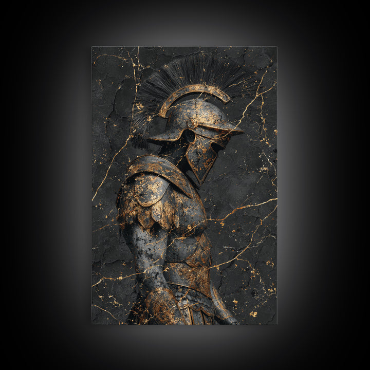 Roman Soldier Statue, Canvas Gold Canvas Print, Ancient Warrior Wall Art, Real Wood Frame, Luxury Mythology Home Decor
