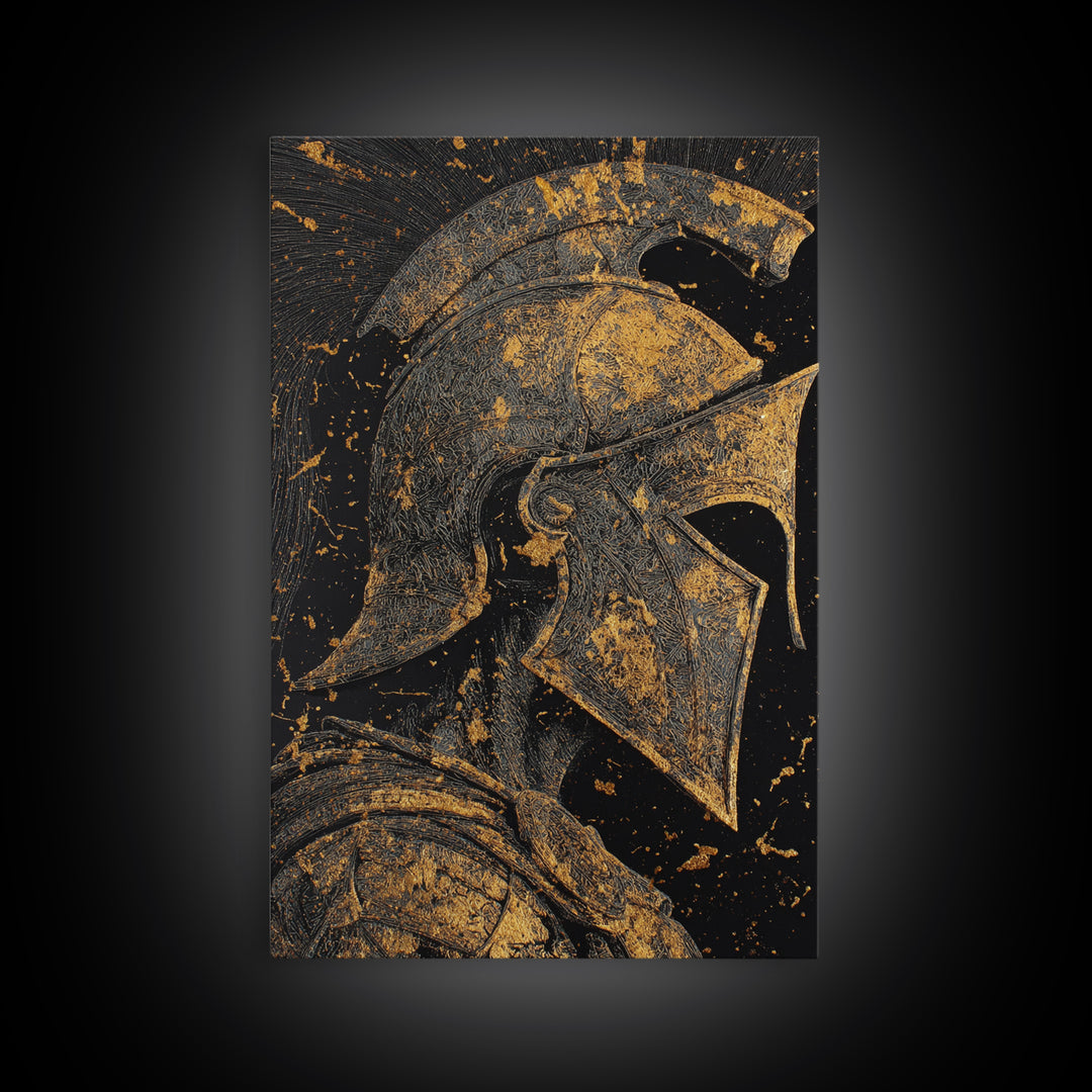 Greek Warrior Helmet, Canvas Gold Art, Ancient Soldier Wall Print, Mythology Decor, Real Wood Framed Canvas Artwork