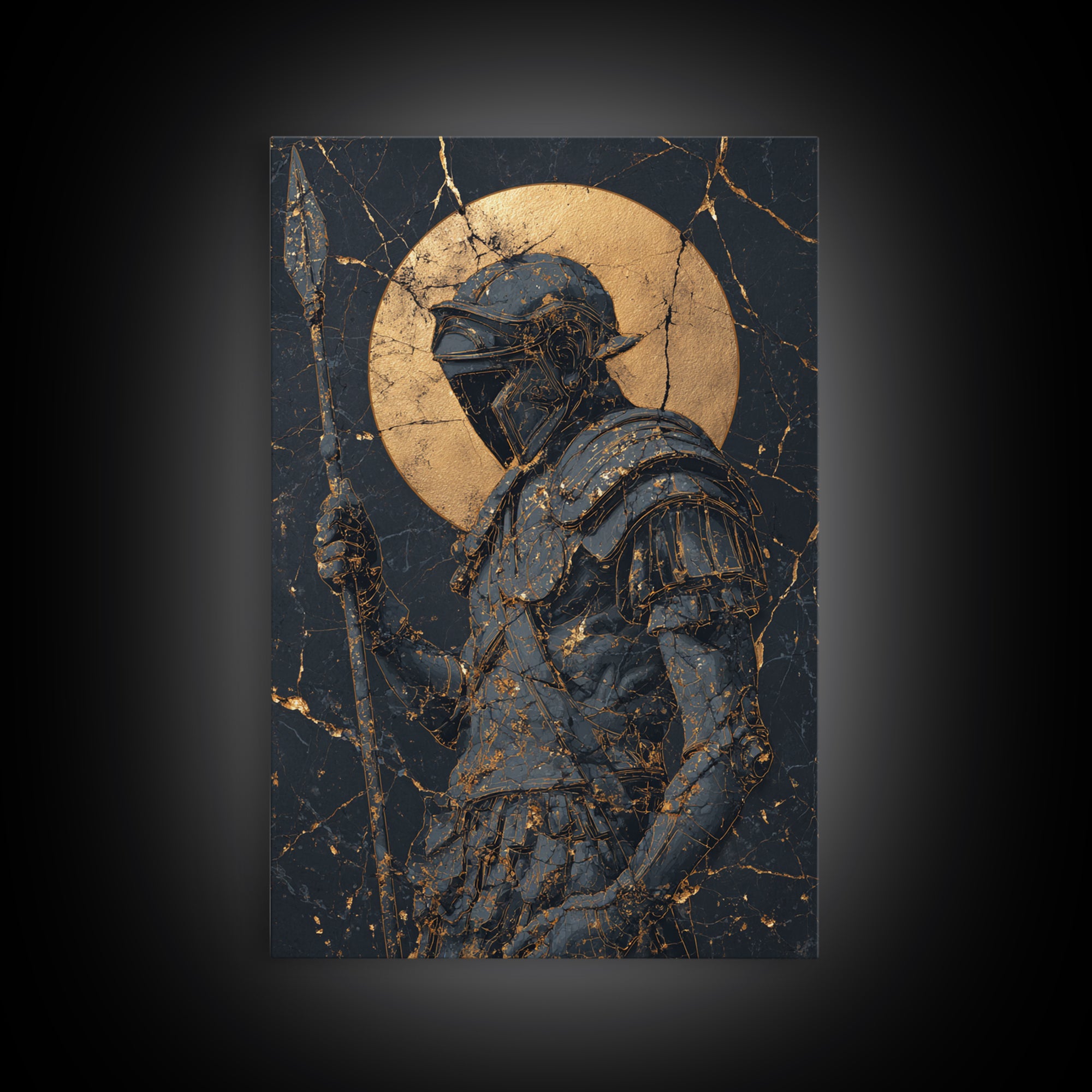 Spartan Warrior With Spear, Canvas Gold Canvas Print, Ancient Soldier Wall Art, Real Wood Frame Decor, Luxury Mythology