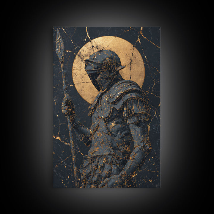 Spartan Warrior With Spear, Canvas Gold Canvas Print, Ancient Soldier Wall Art, Real Wood Frame Decor, Luxury Mythology