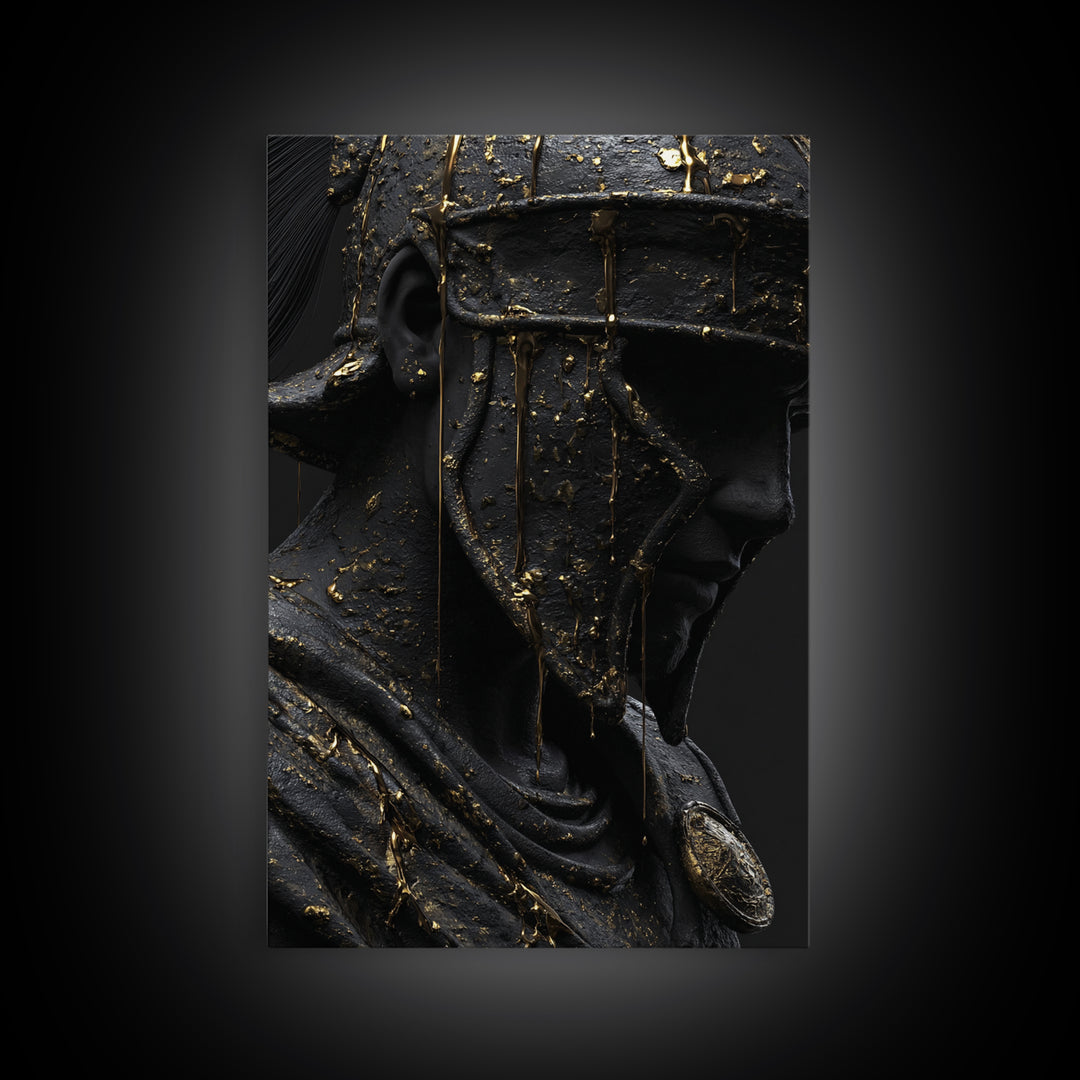 Spartan Warrior Bust, Canvas Gold Art, Ancient Helmet Canvas Print, Real Wood Frame Wall Decor, Luxury Mythology Artwork