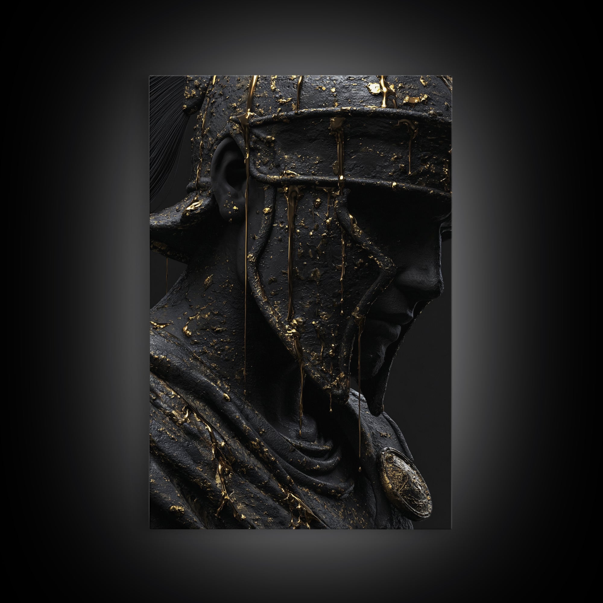 Spartan Warrior Bust, Canvas Gold Art, Ancient Helmet Canvas Print, Real Wood Frame Wall Decor, Luxury Mythology Artwork
